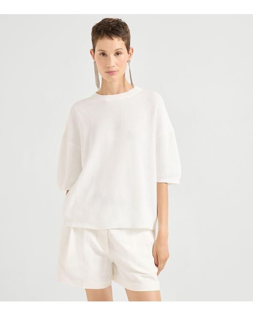 Brunello Cucinelli White Cotton Cropped-Sleeve Sweater
