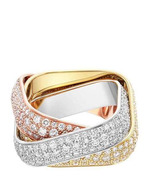 Cartier Metallic Large Yellow, White, Rose Gold And Diamond Trinity Ring