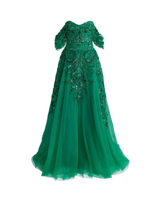 Zuhair Murad Green Embellished Off-the-shoulder Gown