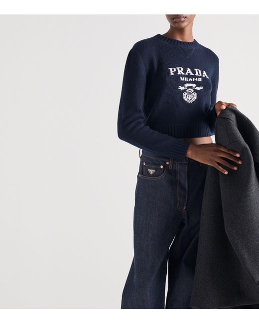 Prada Blue Wool-Cashmere Logo Sweater