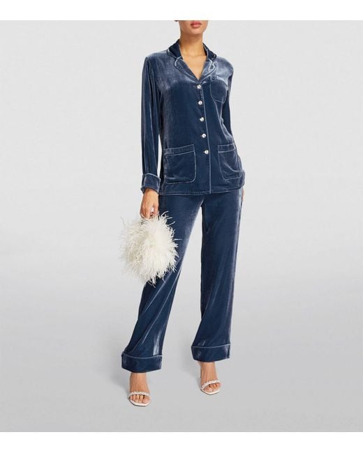 Olivia Von Halle Blue Velvet-silk Coco Pyjama Set