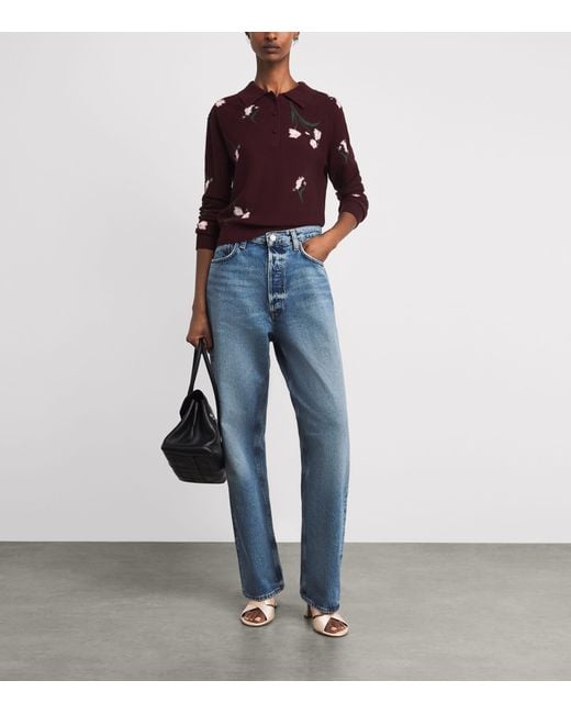 Erdem Red Merino Wool Floral Polo Sweater