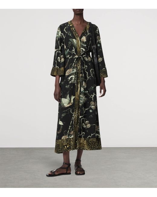 AllSaints Black Printed Diana Midi Wrap Dress