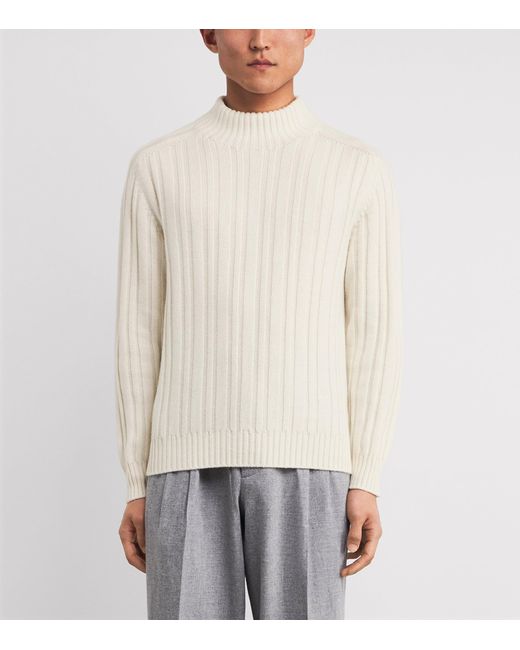 Isaia White Cashmere Rib Mock-Neck Sweater for men