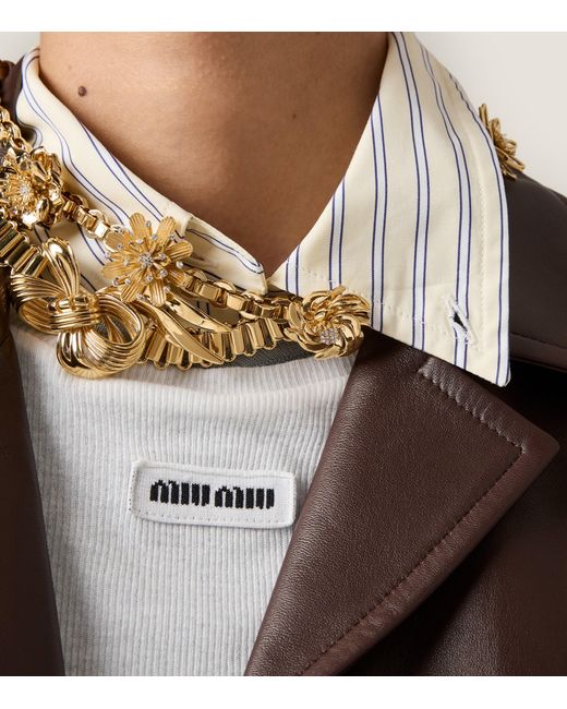 Miu Miu Metallic Leather-Trim Flower Necklace