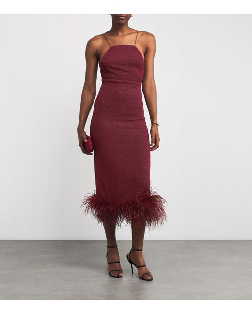 Oseree Red Lumière Feather Midi Dress