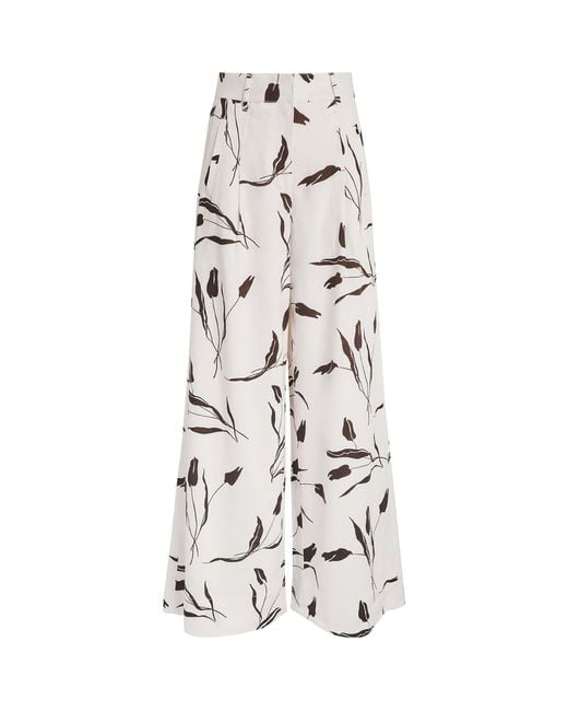 ME+EM White Linen-Blend Tulip Print Wide-Leg Trousers