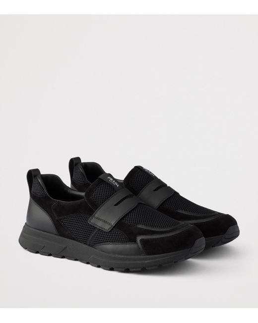 Prada Black Leather-Mesh Sneakers for men