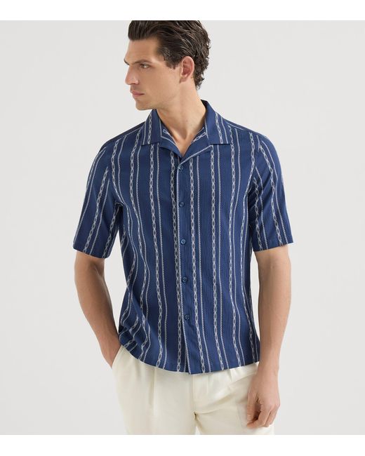 Brunello Cucinelli Blue Stretch-Cotton Stripe Short-Sleeve Shirt for men