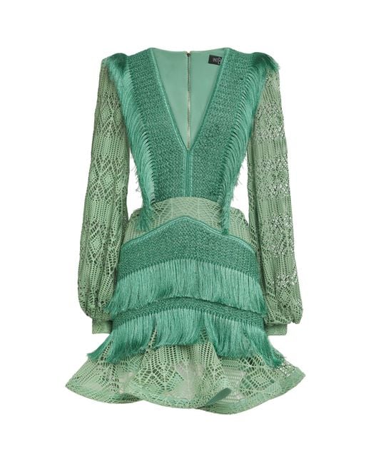 PATBO Green Crochet Fringe-Trim Samba Mini Dress