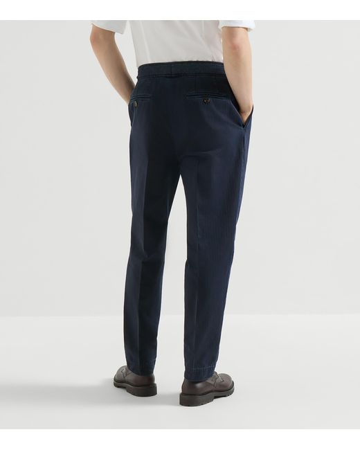 Brunello Cucinelli Blue Cotton Chevron Double-Pleated Trousers