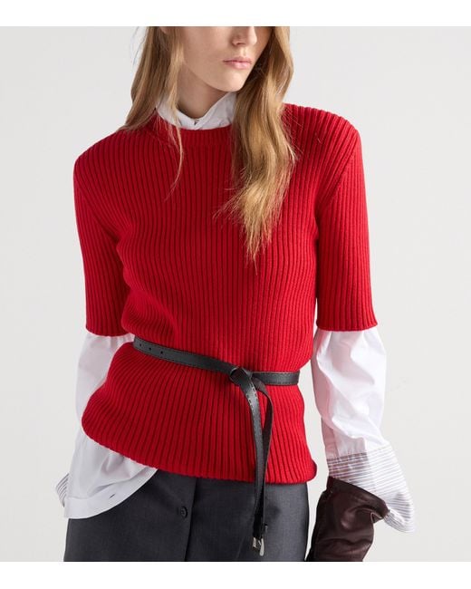 Prada Red Wool Ribbed Short-Sleeve Sweater