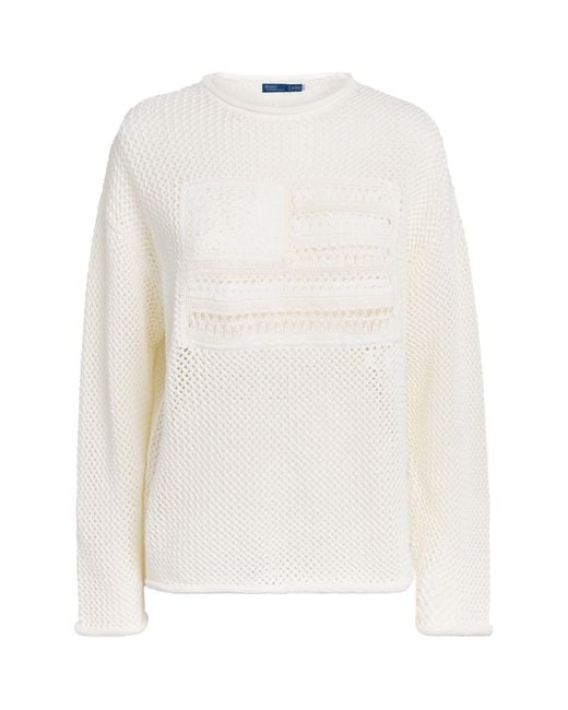 Polo Ralph Lauren White Cotton Open-Work American Flag Sweater