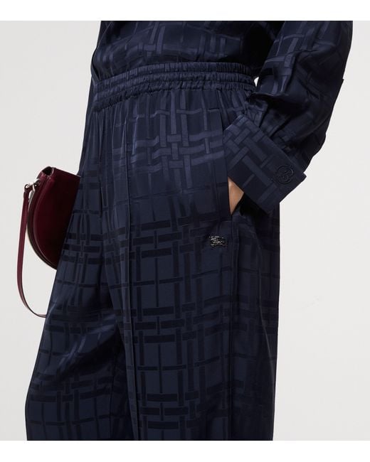 Burberry Blue Silk Check Straight-Leg Trousers