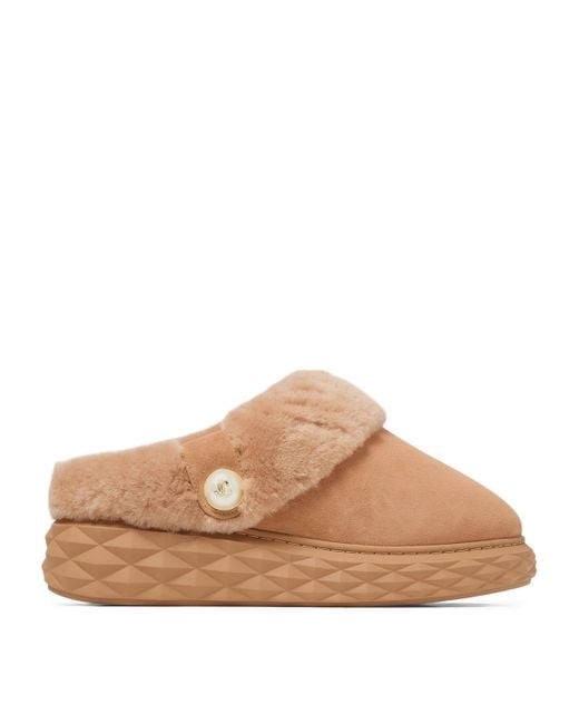 Jimmy Choo Brown Diamond Maxi Suede-Shearling Mules