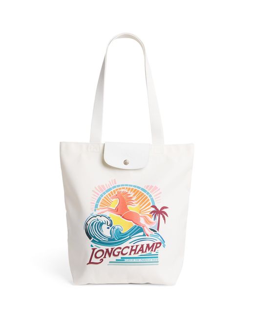Longchamp White Medium Canvas Le Pliage Collection Tote Bag