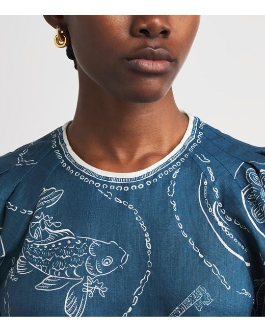 ALÉMAIS Blue Linen Printed Lucky Midi Dress