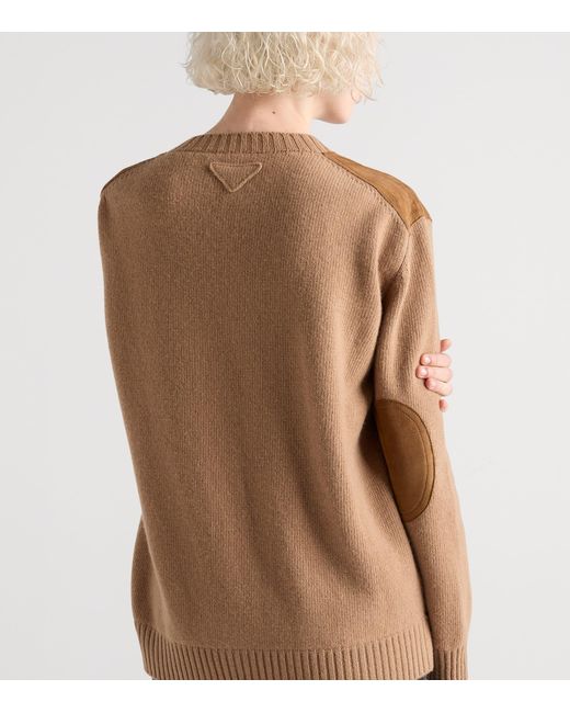 Prada Brown Wool-Cashmere Suede-Trim Sweater