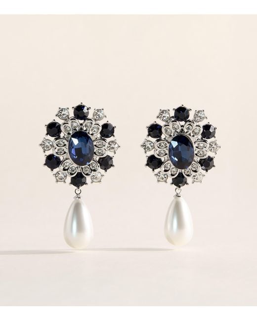 Self-Portrait Blue Faux Pearl And Crystal-Embellished Drop Earrings