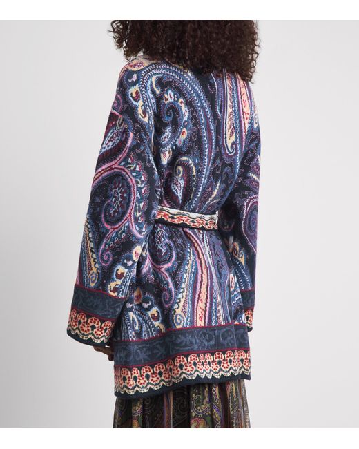 Etro Blue Paisley Waist-Belt Cardigan