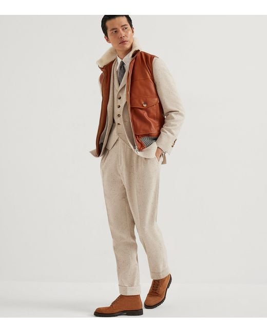 Brunello Cucinelli Brown Leather Shearling-Trim Padded Gilet for men