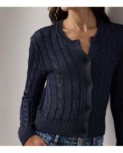 Ralph Lauren Blue Cable-Knit Silk Cropped Cardigan