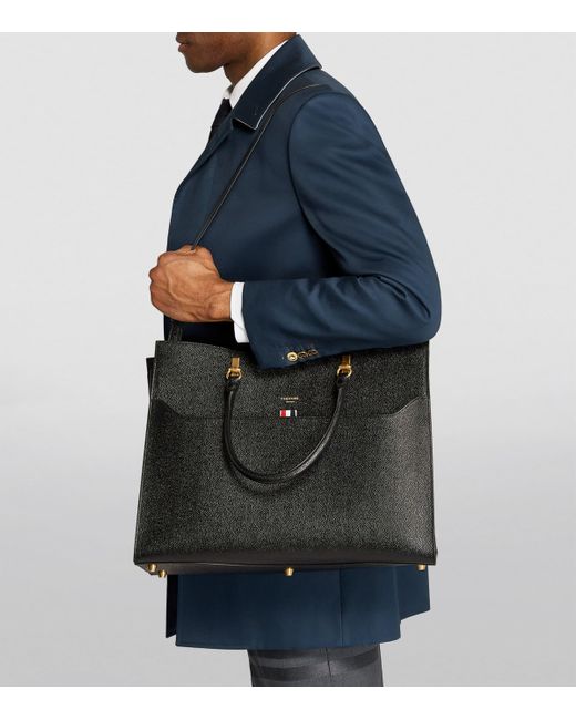 Thom Browne Black Large Leather Duet Tote Bag for men