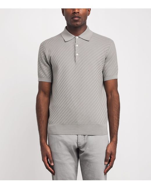 Brioni Gray Cotton-Silk-Cashmere Woven Polo Shirt for men