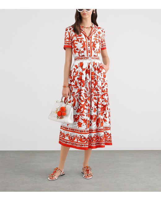 Dolce & Gabbana Red Silk Majolica Print Midi Shirt Dress