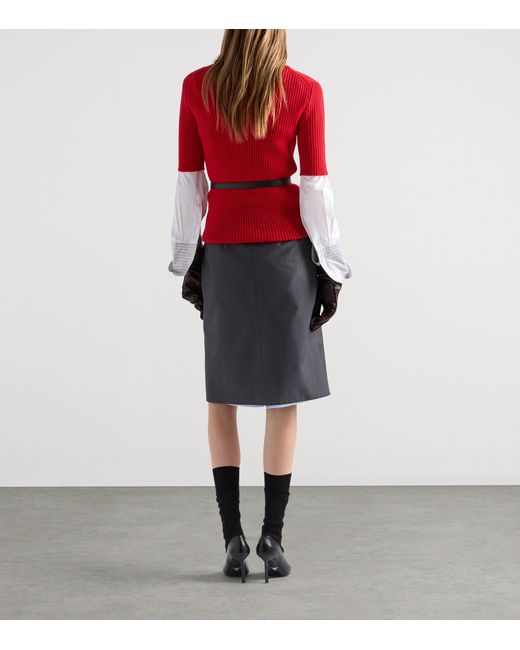 Prada Red Wool Ribbed Short-Sleeve Sweater