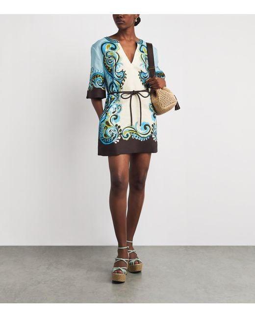ALÉMAIS Blue Linen Printed Natalia Mini Dress
