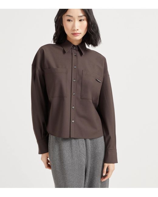 Brunello Cucinelli Brown Virgin Wool-Blend Monili-Tab Shirt