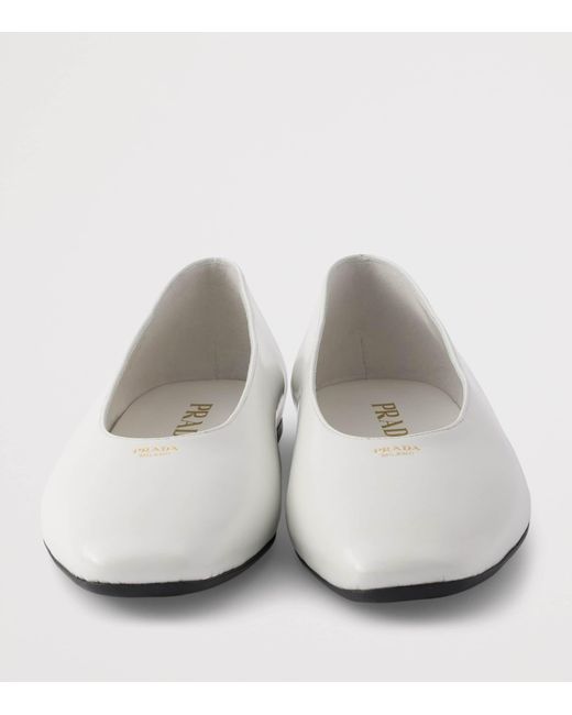 Prada White Brushed Leather Logo Ballet Flats