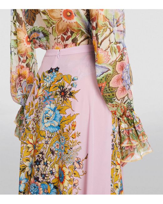 Etro Pink Silk Floral Print Midi Skirt