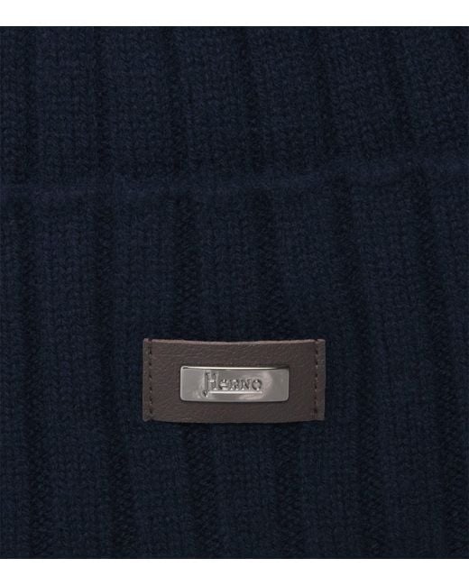 Herno Blue Cashmere Logo Patch Beanie for men