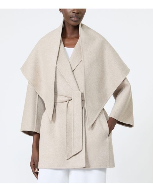 Max Mara White Cashmere Stole-Detail Wrap Coat