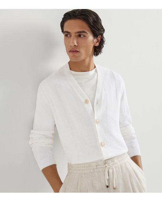 Brunello Cucinelli White Linen-Cotton Ribbed Cardigan for men