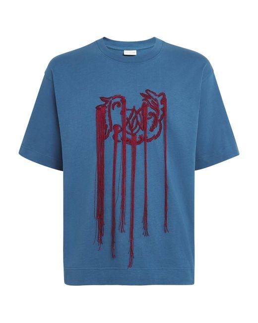 Dries Van Noten Blue Cotton Embroidered Bird T-Shirt for men