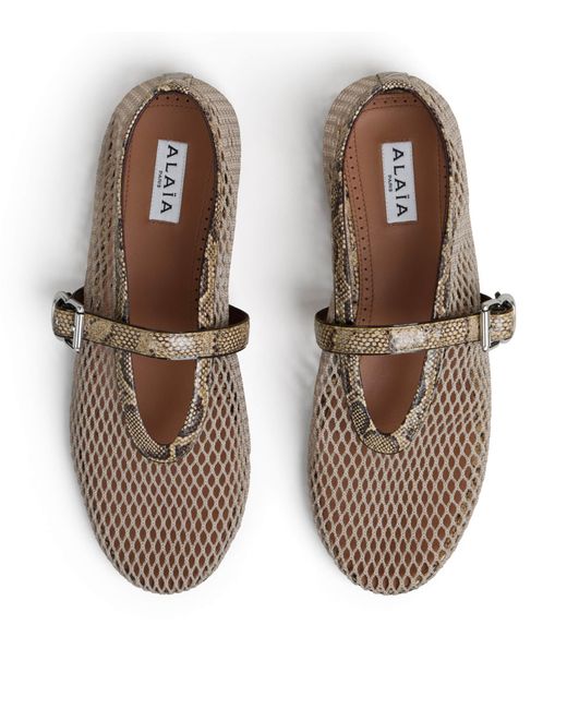 Alaïa Brown Mesh Python Print-Trim Ballet Flats