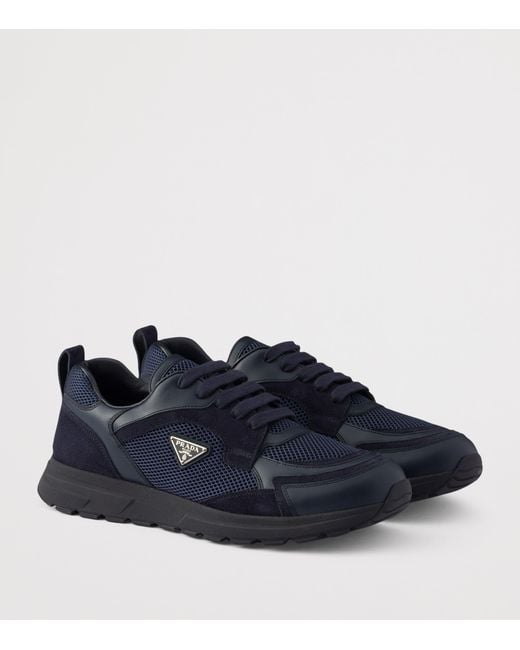 Prada Blue Mesh-Leather Prax Sneakers for men