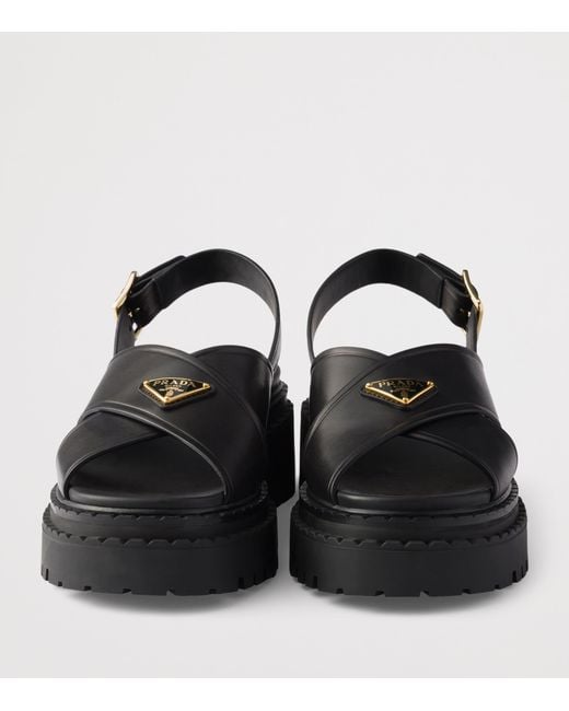 Prada Black Leather Crossover Platform Sandals 55