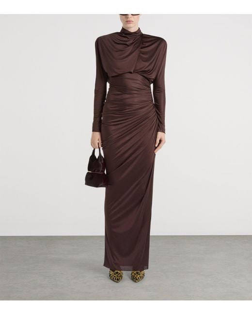 Balmain Brown Draped Long-Sleeve Maxi Dress