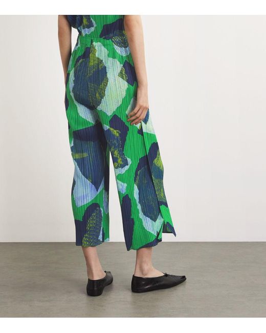 Pleats Please Issey Miyake Green Pleated Meteorite Wide-Leg Trousers