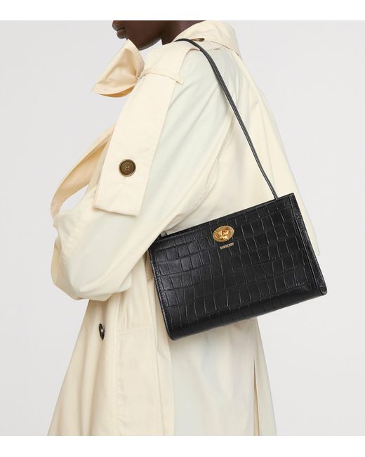 Burberry Black Leather Croc-Embossed Cotswolds Shoulder Bag