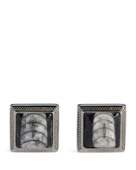 Tateossian Gray Square Engraved Enamel Cufflinks for men