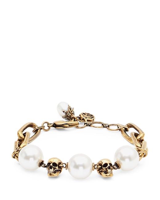 McQueen Metallic Faux Pearl And Skull Bracelet for men