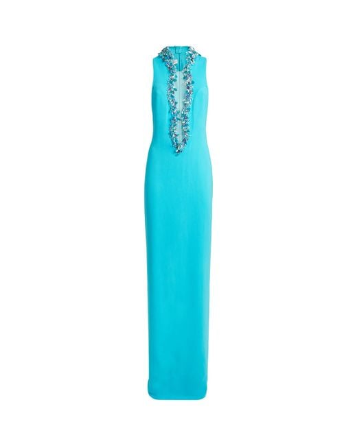 Celia Kritharioti Blue Crepe Embroidered-Crystal Gown