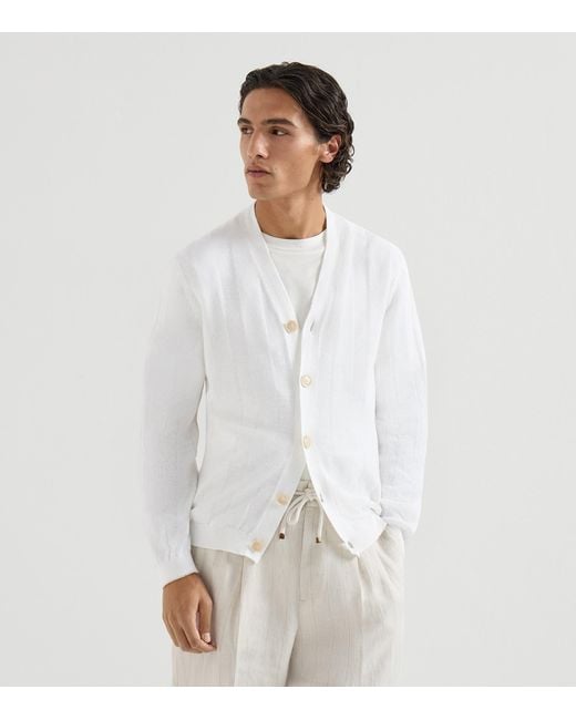 Brunello Cucinelli White Linen-Cotton Ribbed Cardigan for men