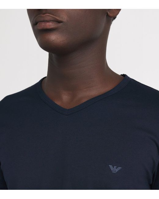 Emporio Armani Blue Pure Cotton V-Neck T-Shirts for men