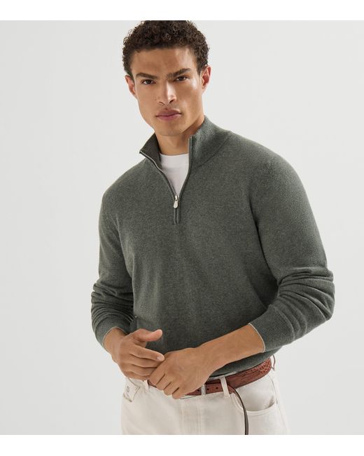 Brunello Cucinelli Green Cashmere Half-Zip Sweater for men